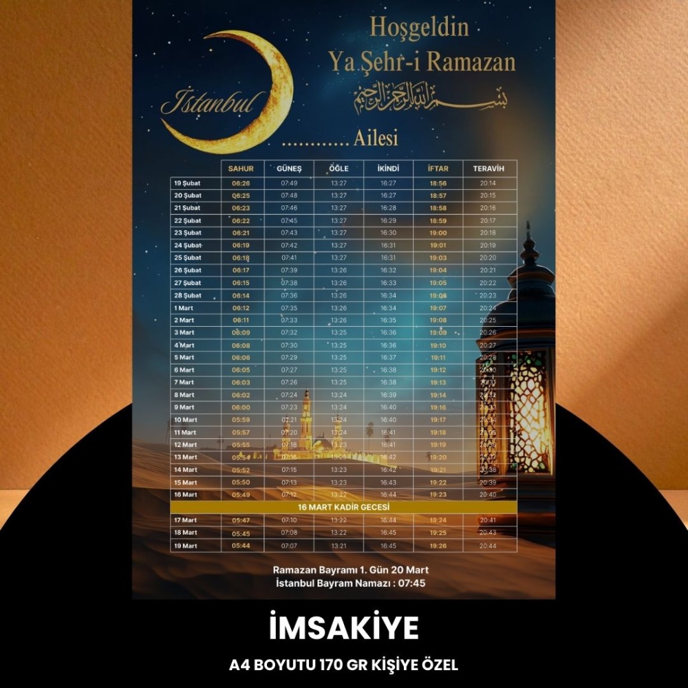 Ramazan İmsakiyesi - 170 gr - A4 Boyut Kişiye Özel İsimli & Logolu 100 Adet Çöl