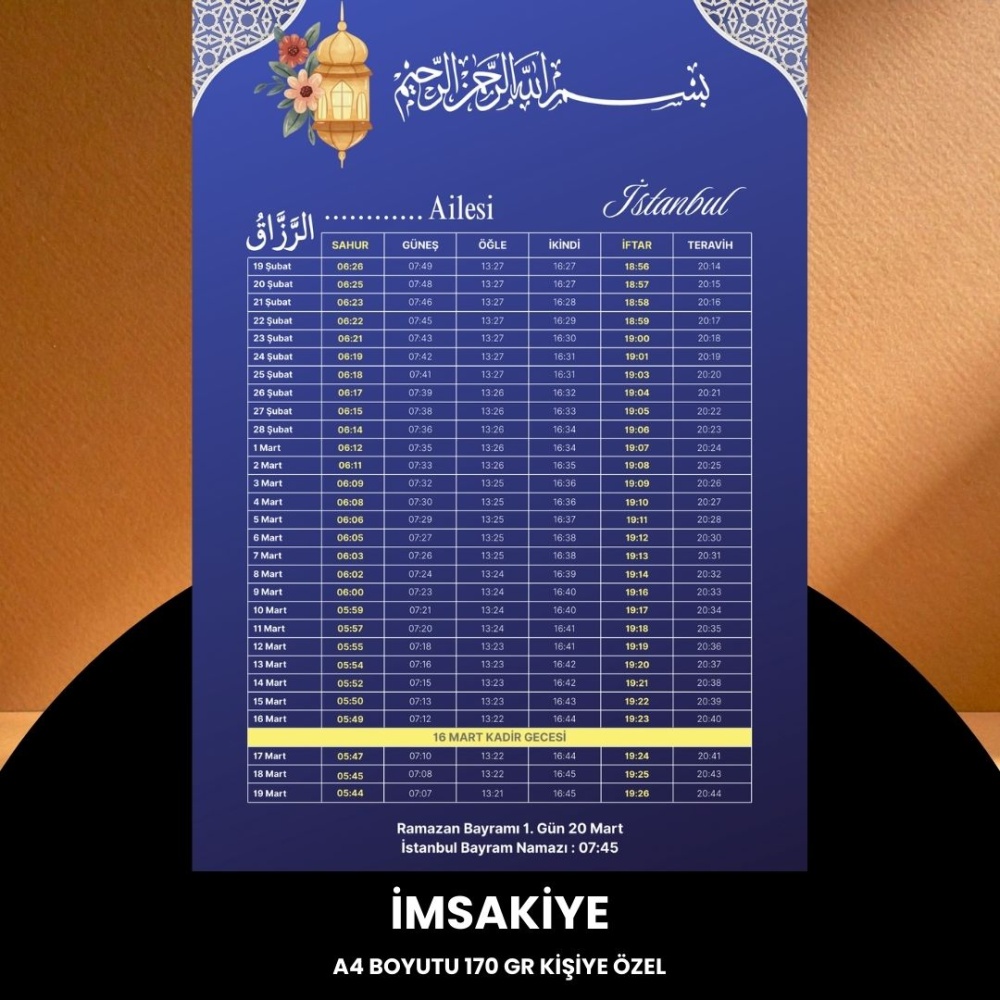 Ramazan İmsakiyesi - 170 gr - A4 Boyut Kişiye Özel İsimli & Logolu 100 Adet Mat Mavi