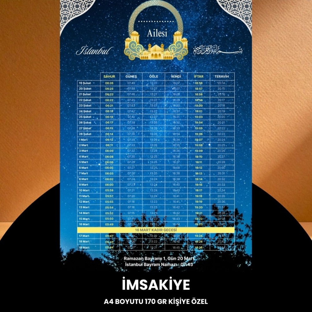 Ramazan İmsakiyesi - 170 gr - A4 Boyut Kişiye Özel İsimli & Logolu 100 Adet Gökyüzü