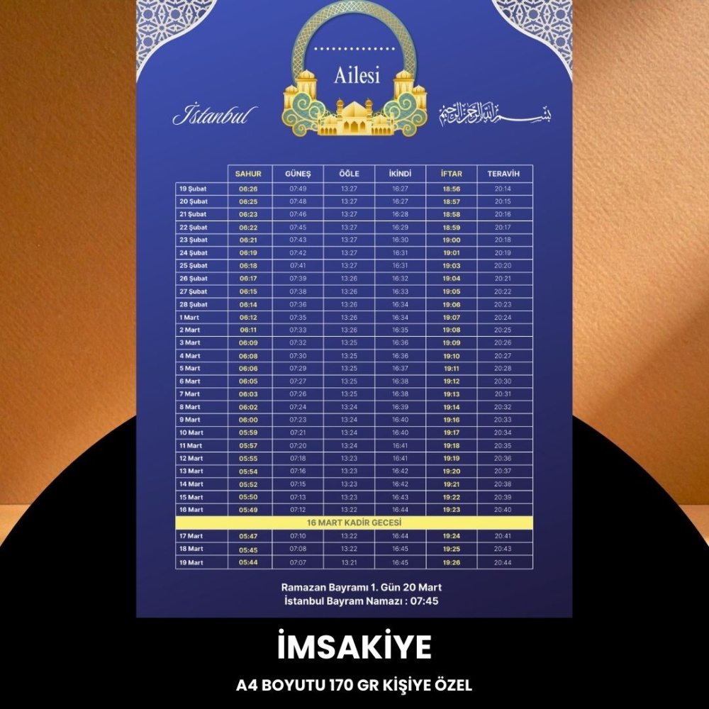 Ramazan İmsakiyesi - 170 gr - A4 Boyut Kişiye Özel İsimli & Logolu 100 Adet Mor