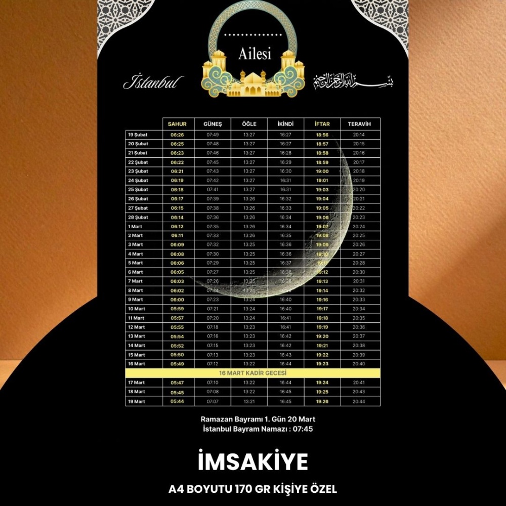 Ramazan İmsakiyesi - 170 gr - A4 Boyut Kişiye Özel İsimli & Logolu 100 Adet Siyah-Sarı