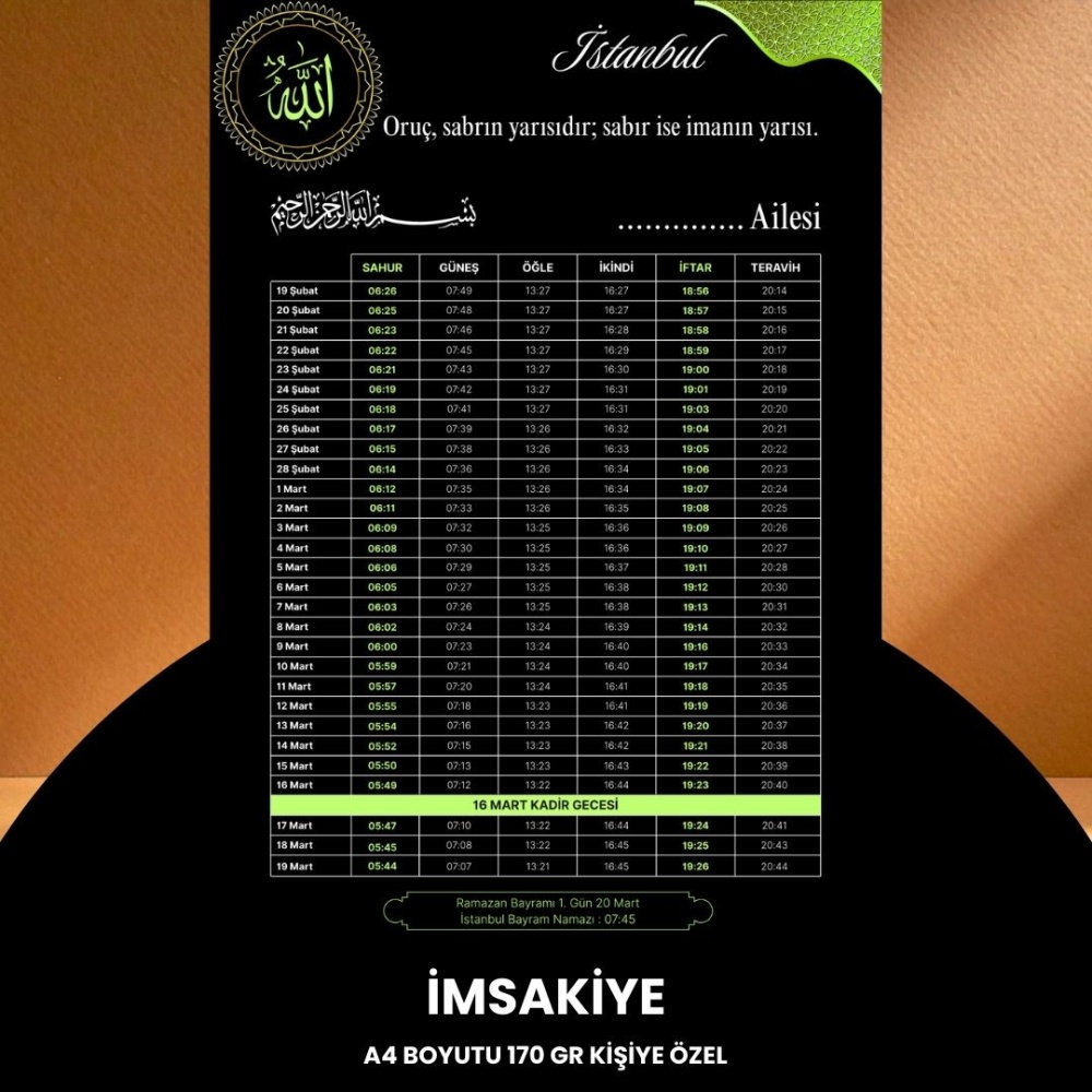 Ramazan İmsakiyesi - 170 gr - A4 Boyut Kişiye Özel İsimli & Logolu 100 Adet Siyah-Yeşil