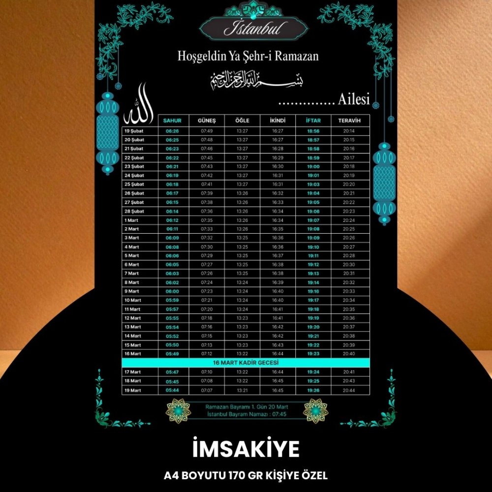 Ramazan İmsakiyesi - 170 gr - A4 Boyut Kişiye Özel İsimli & Logolu 100 Adet Siyah-Mavi