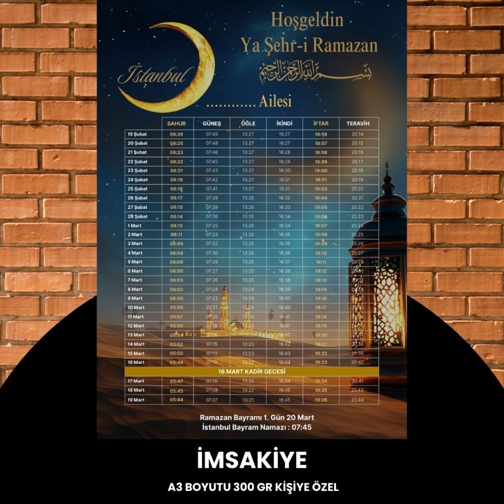 Ramazan İmsakiyesi - 300 gr - A3 Boyut Kişiye Özel İsimli & Logolu 1 Adet Çöl