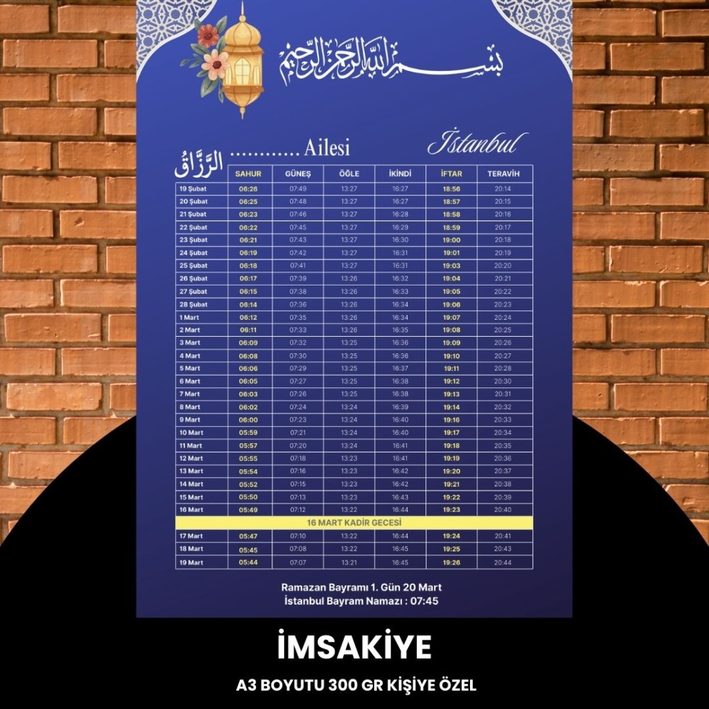 Ramazan İmsakiyesi - 300 gr - A3 Boyut Kişiye Özel İsimli & Logolu 1 Adet Mat Mavi