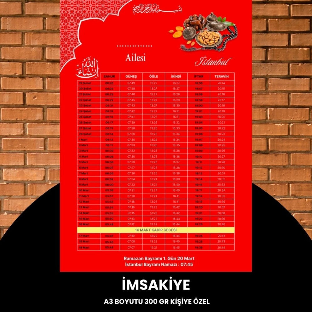 Ramazan İmsakiyesi - 300 gr - A3 Boyut Kişiye Özel İsimli & Logolu 1 Adet Kırmızı