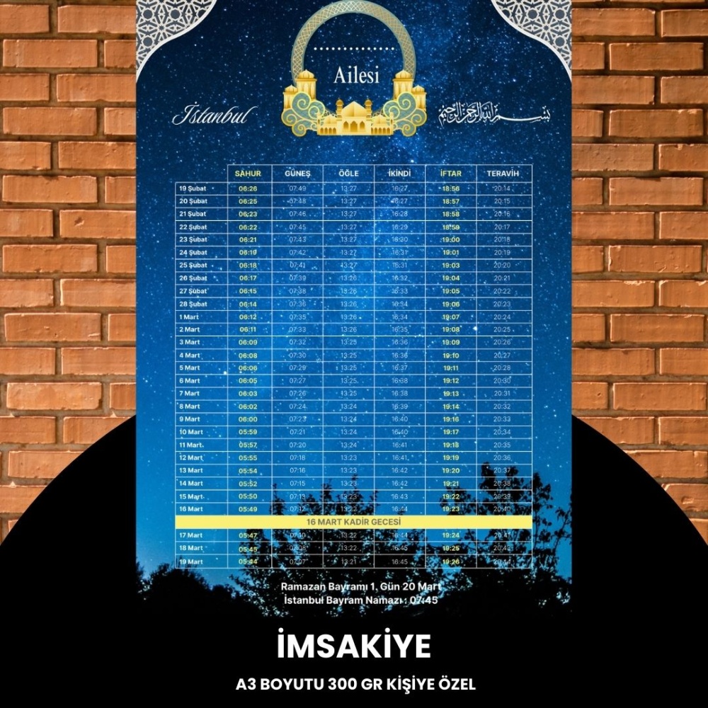 Ramazan İmsakiyesi - 300 gr - A3 Boyut Kişiye Özel İsimli & Logolu 1 Adet Gökyüzü