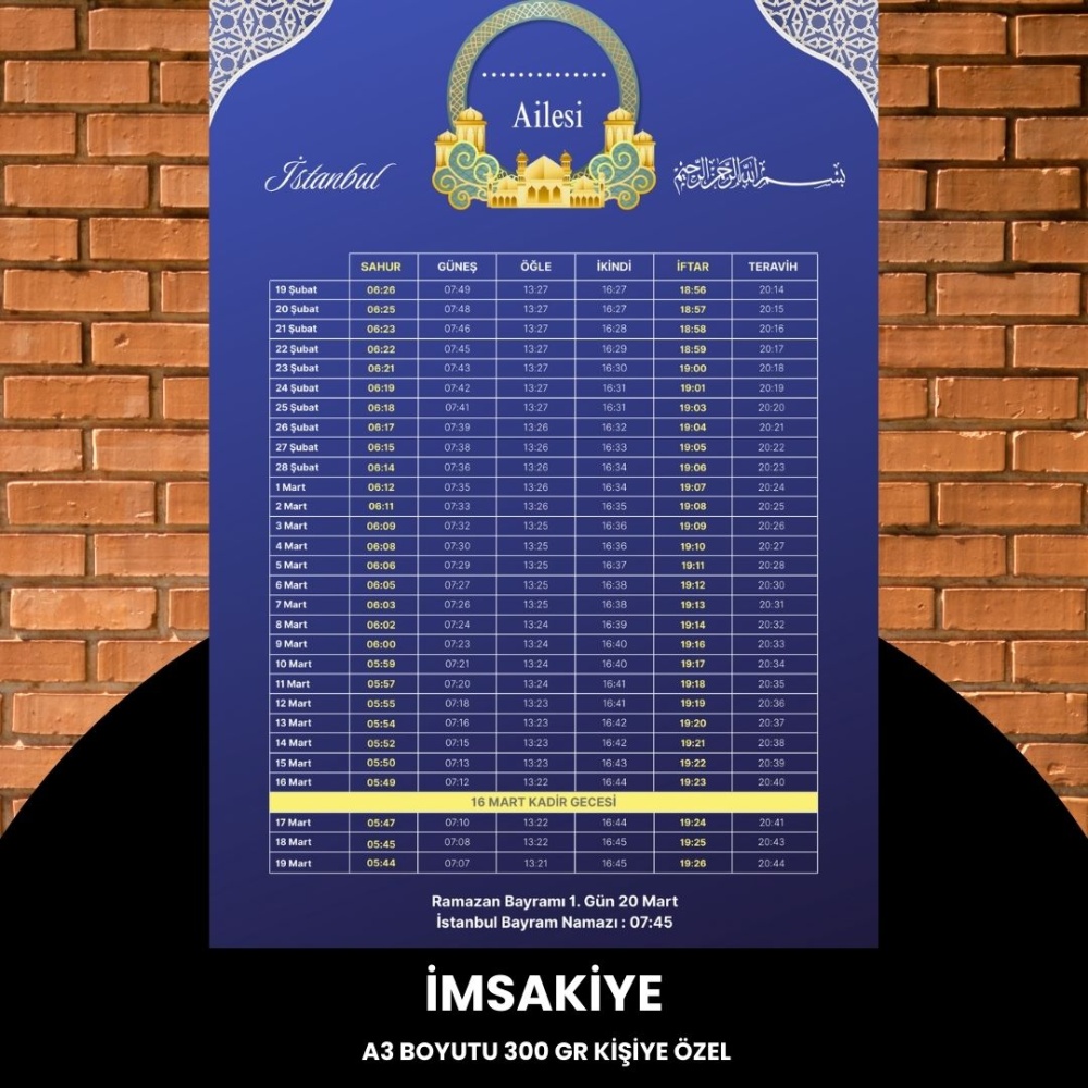 Ramazan İmsakiyesi - 300 gr - A3 Boyut Kişiye Özel İsimli & Logolu 1 Adet Mor