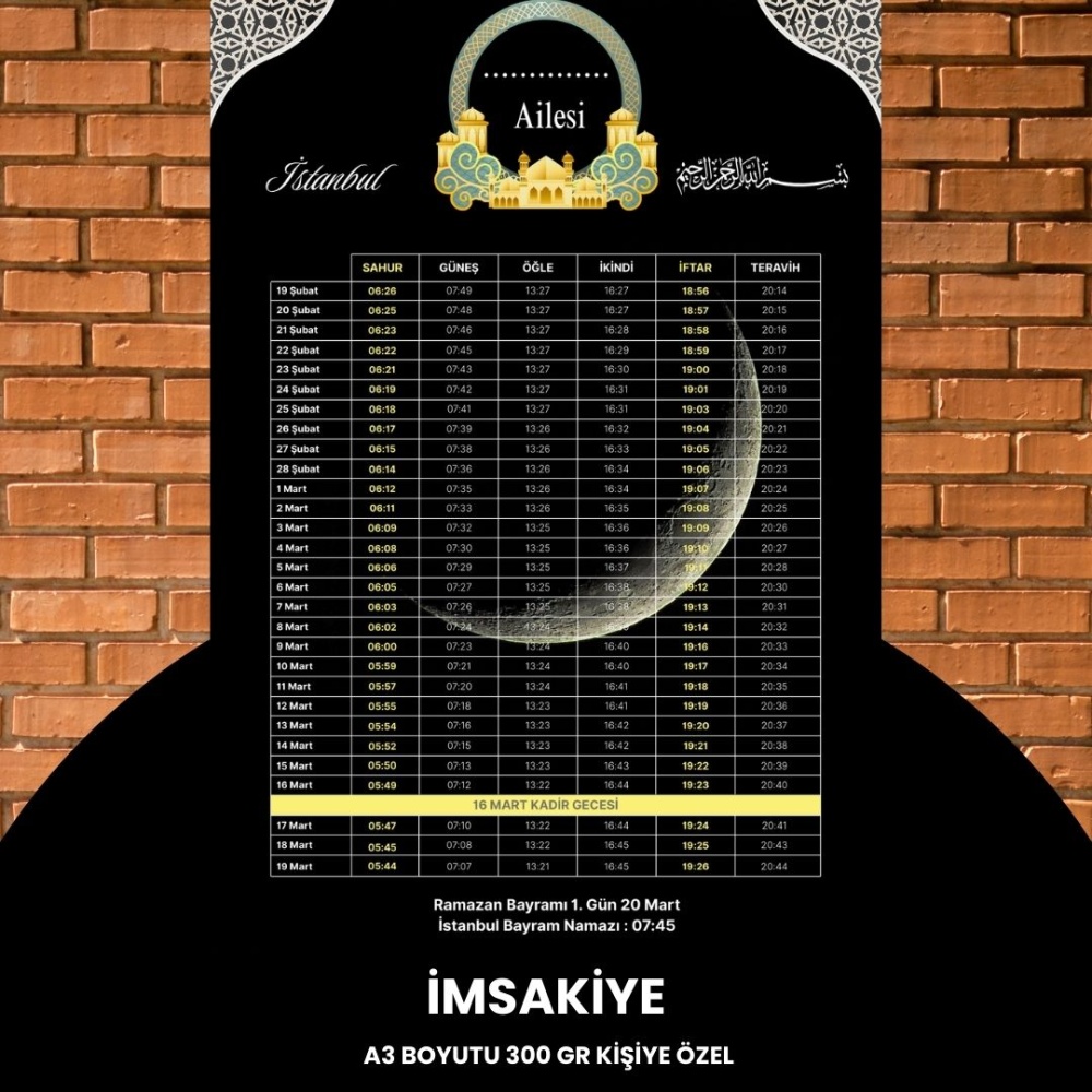 Ramazan İmsakiyesi - 300 gr - A3 Boyut Kişiye Özel İsimli & Logolu 1 Adet Siyah-Sarı