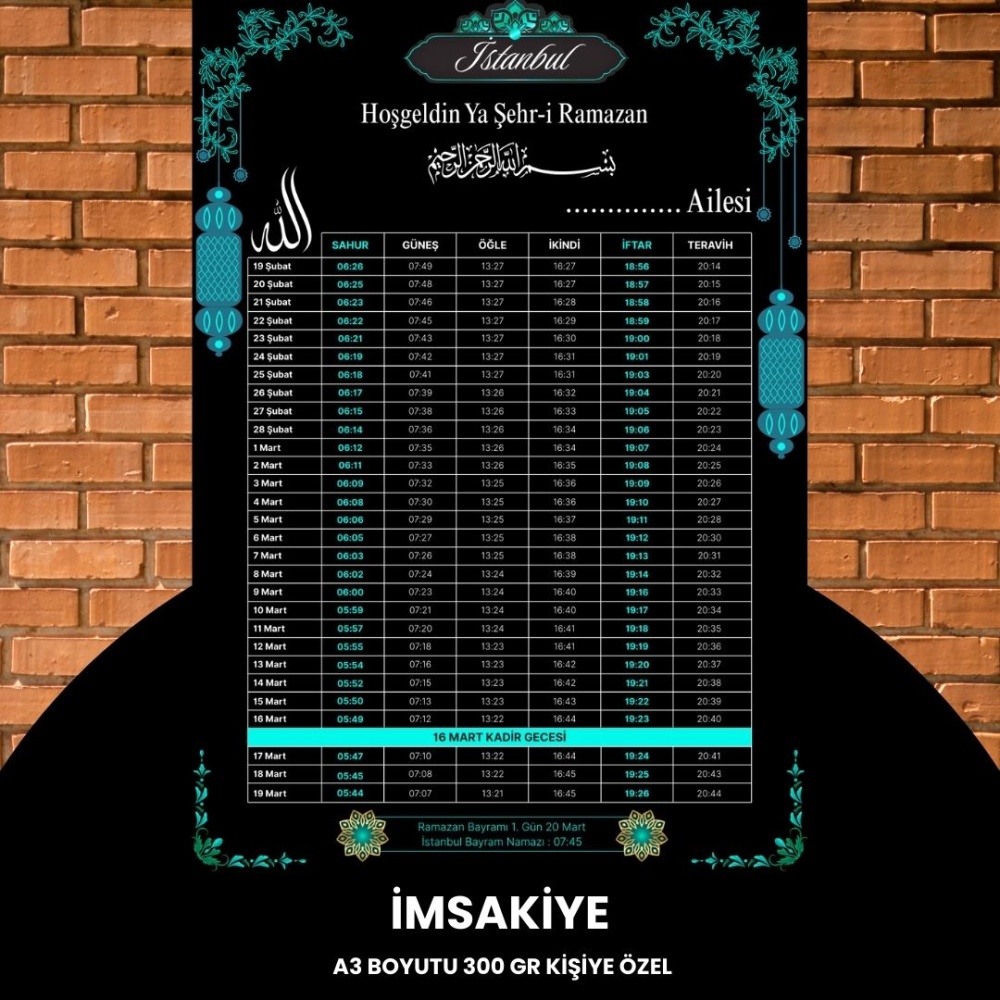 Ramazan İmsakiyesi - 300 gr - A3 Boyut Kişiye Özel İsimli & Logolu 1 Adet Siyah-Mavi