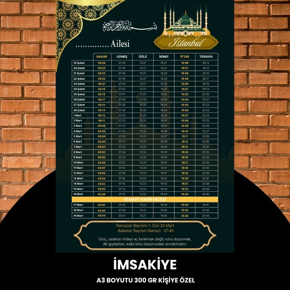 Ramazan İmsakiyesi - 300 gr - A3 Boyut Kişiye Özel İsimli & Logolu 1 Adet Koyu Yeşil