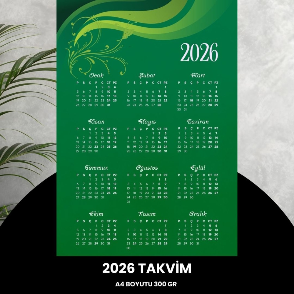 Takvim 2026 Premium A4 300 gr Dijital Baskı Yeşil