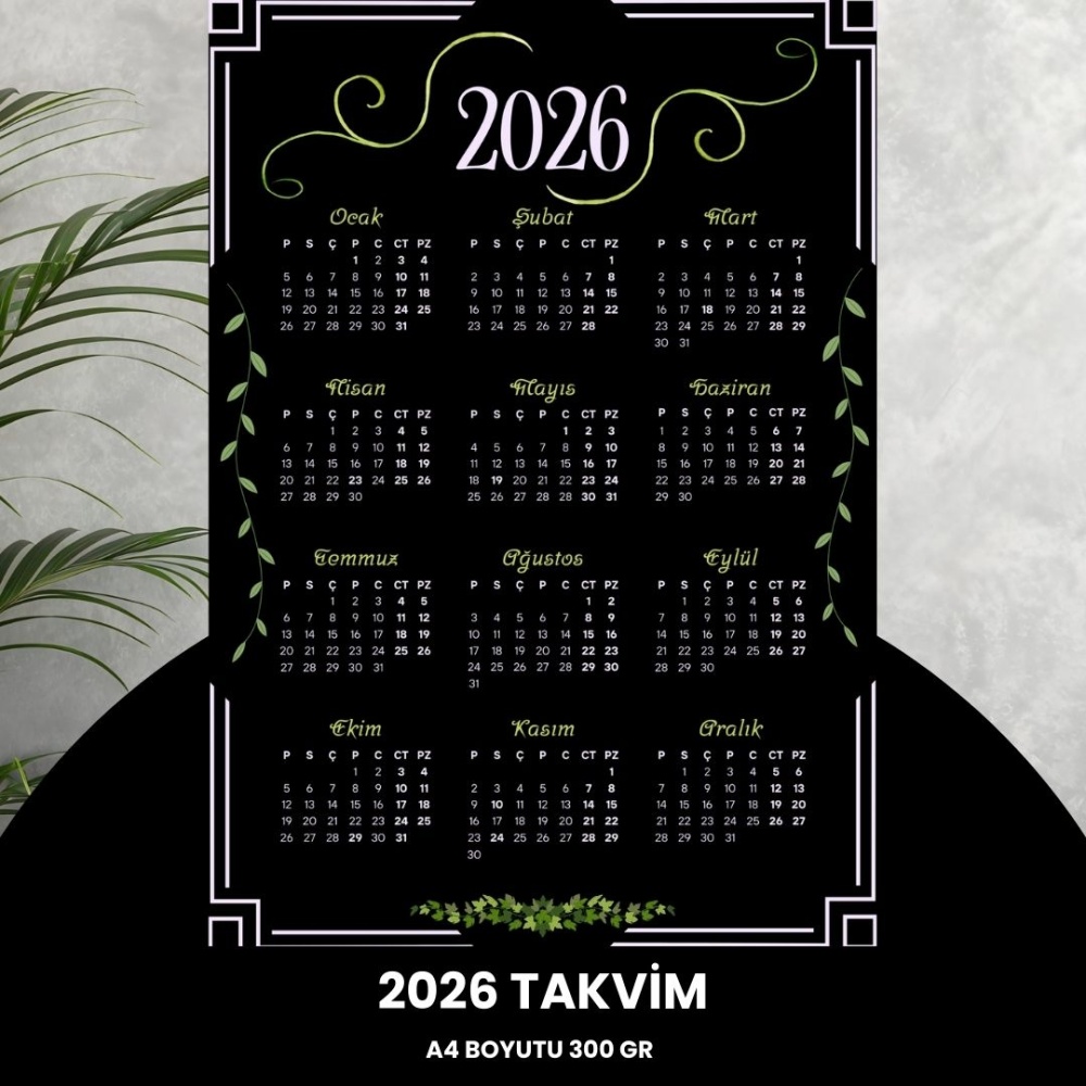Takvim 2026 Premium A4 300 gr Dijital Baskı Siyah Yeşil