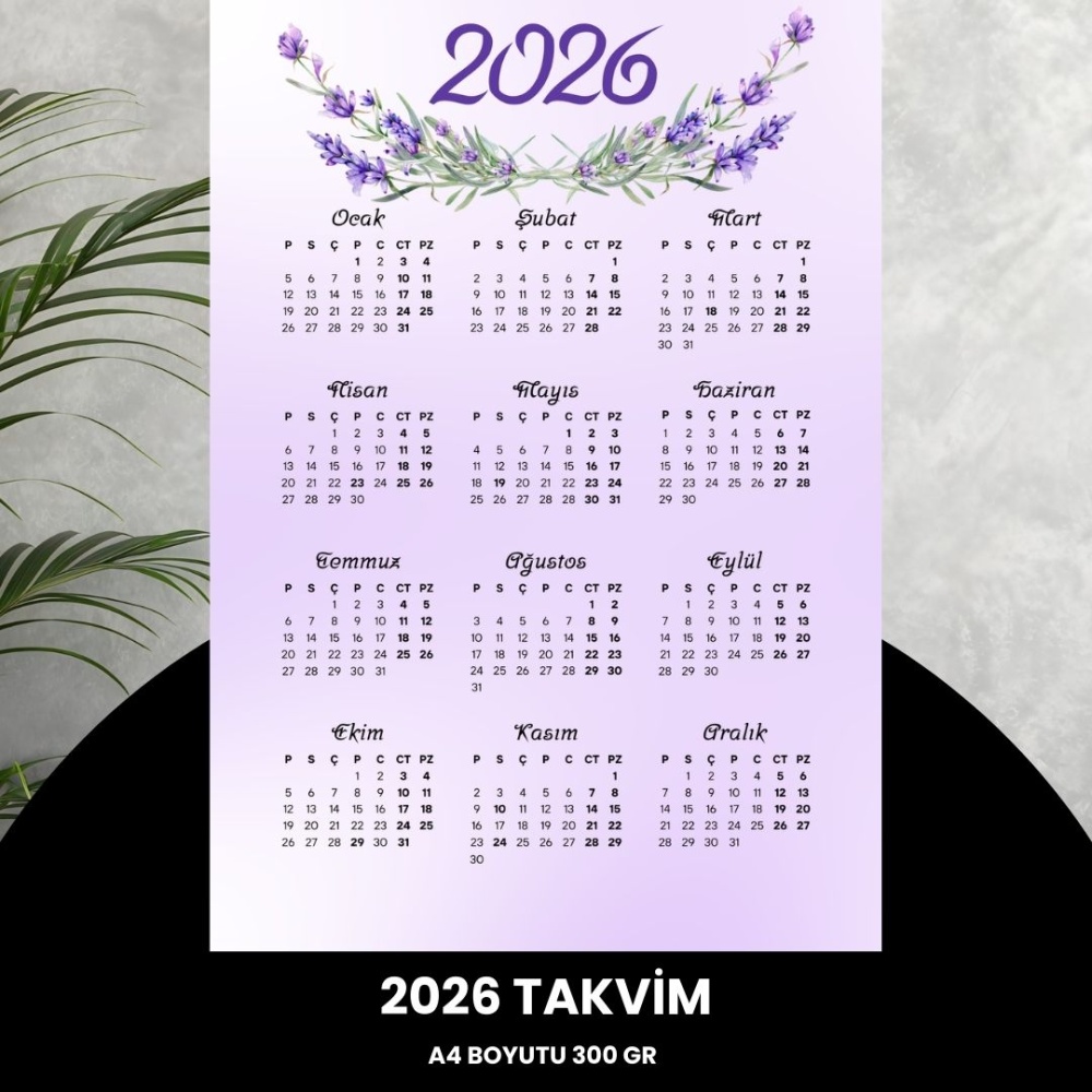 Takvim 2026 Premium A4 300 gr Dijital Baskı Lavanta