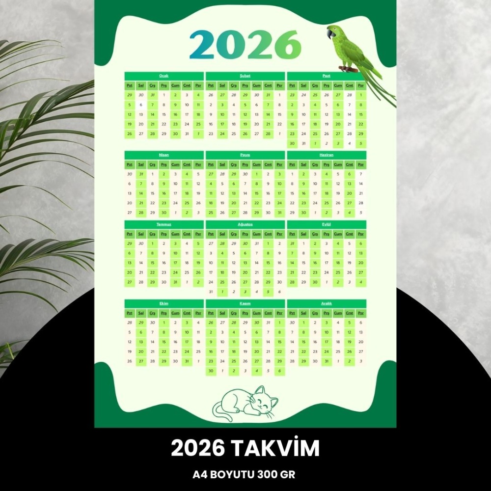 Takvim 2026 Premium A4 300 gr Dijital Baskı Yeşil-Beyaz