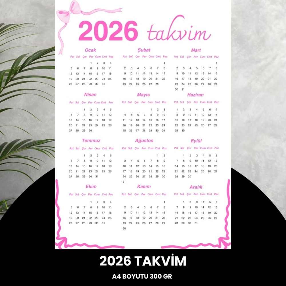 Takvim 2026 Premium A4 300 gr Dijital Baskı Pembe