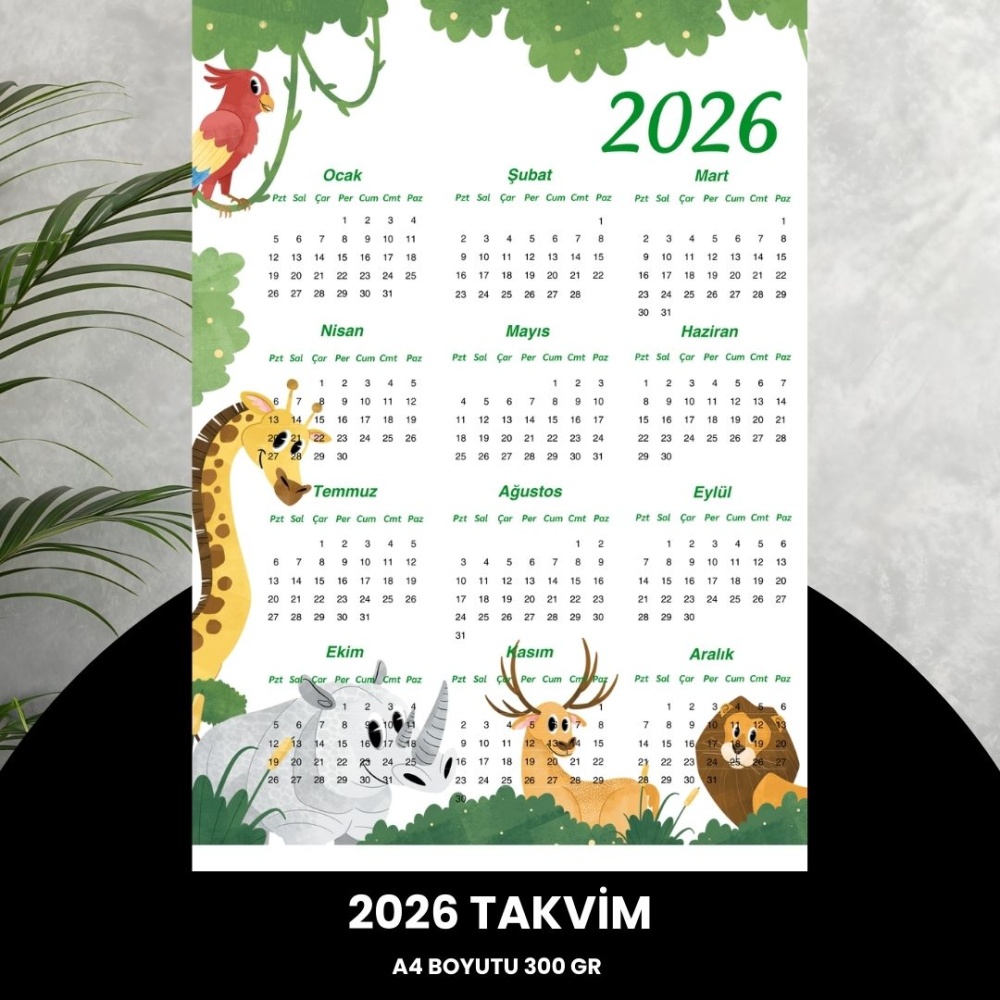Takvim 2026 Premium A4 300 gr Dijital Baskı Animal