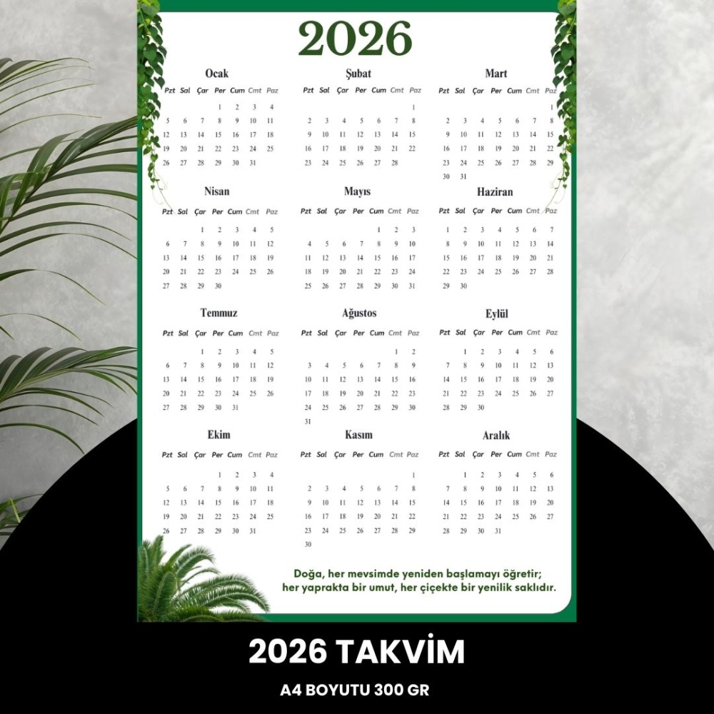 Takvim 2026 Premium A4 300 gr Dijital Baskı Yeşil Yaprak