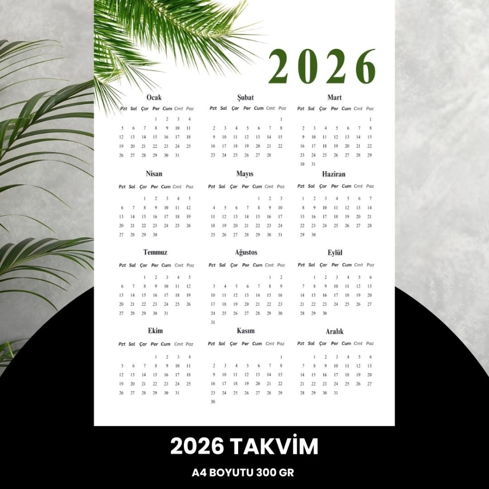 Takvim 2026 Premium A4 300 gr Dijital Baskı Yeşil Dal