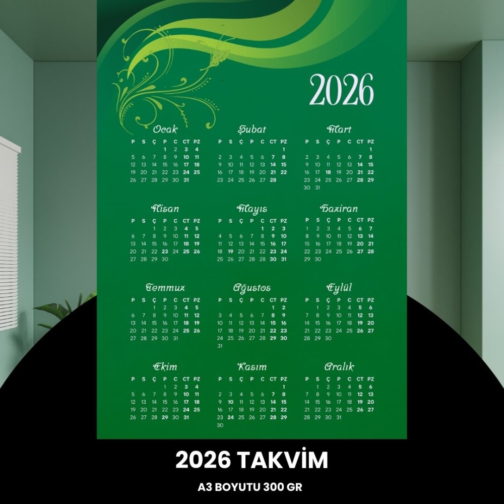 Takvim 2026 Premium A3 300 gr Dijital Baskı Yeşil