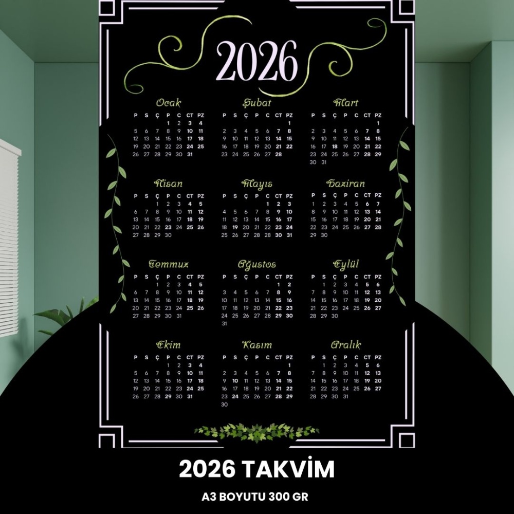 Takvim 2026 Premium A3 300 gr Dijital Baskı Siyah Yeşil