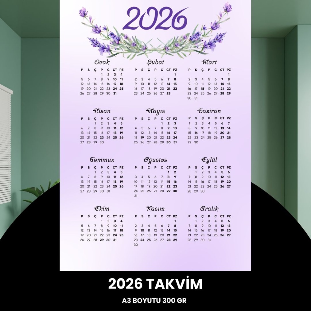 Takvim 2026 Premium A3 300 gr Dijital Baskı Lavanta