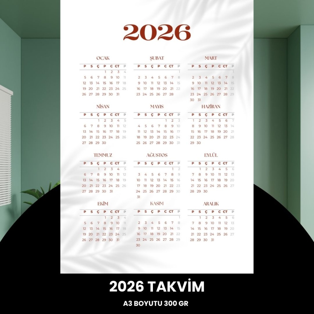 Takvim 2026 Premium A3 300 gr Dijital Baskı Beyaz Bordo