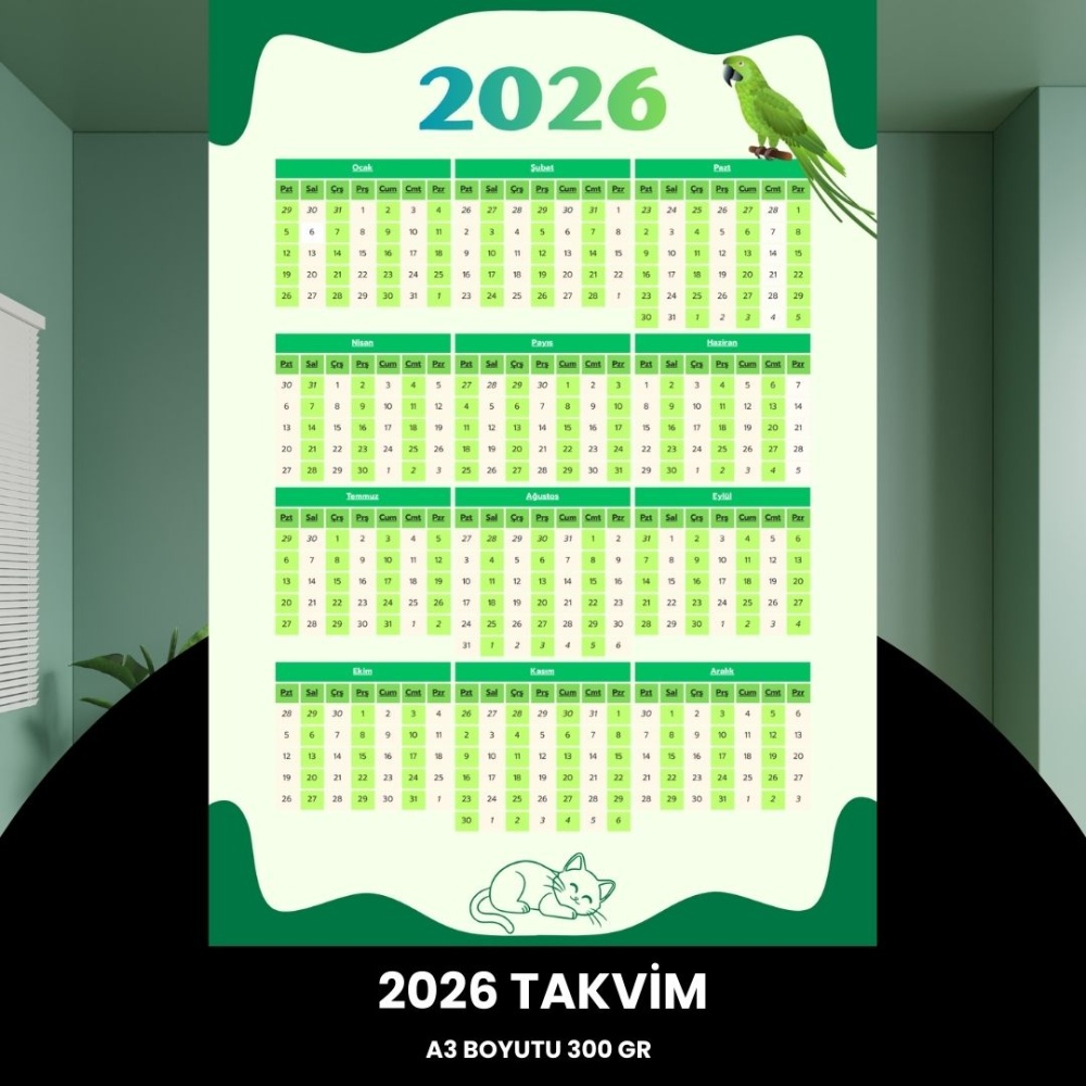 Takvim 2026 Premium A3 300 gr Dijital Baskı Yeşil-Beyaz