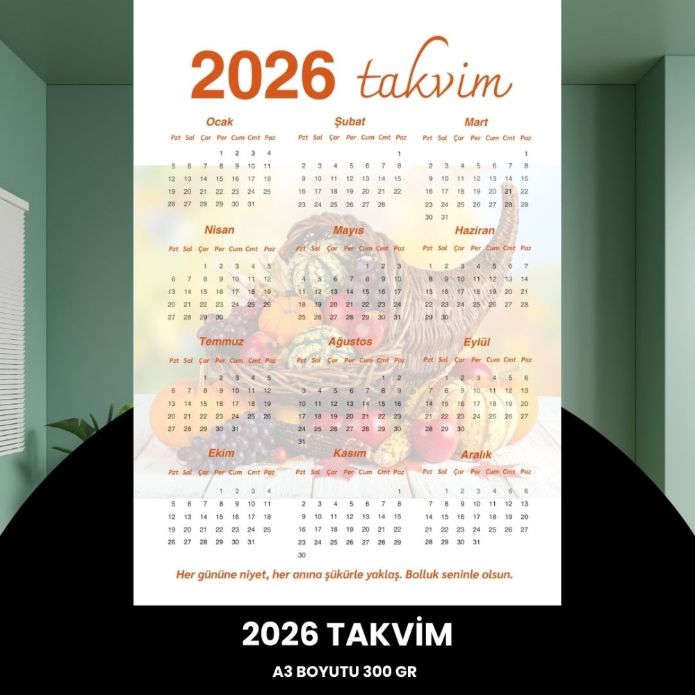 Takvim 2026 Premium A3 300 gr Dijital Baskı Turuncu
