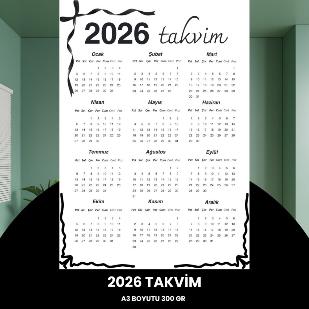 Takvim 2026 Premium A3 300 gr Dijital Baskı Siyah Kurdele