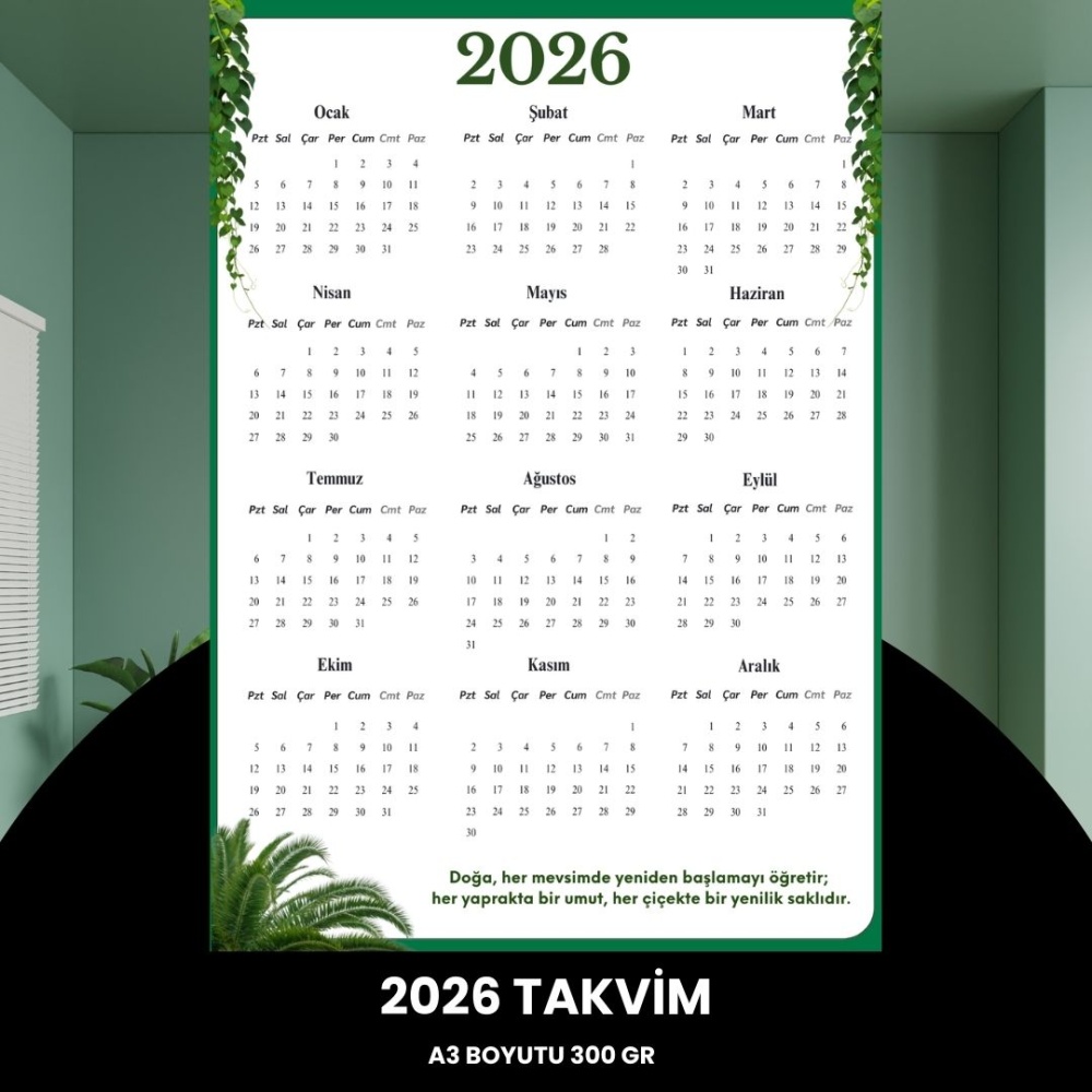 Takvim 2026 Premium A3 300 gr Dijital Baskı Yeşil Yaprak