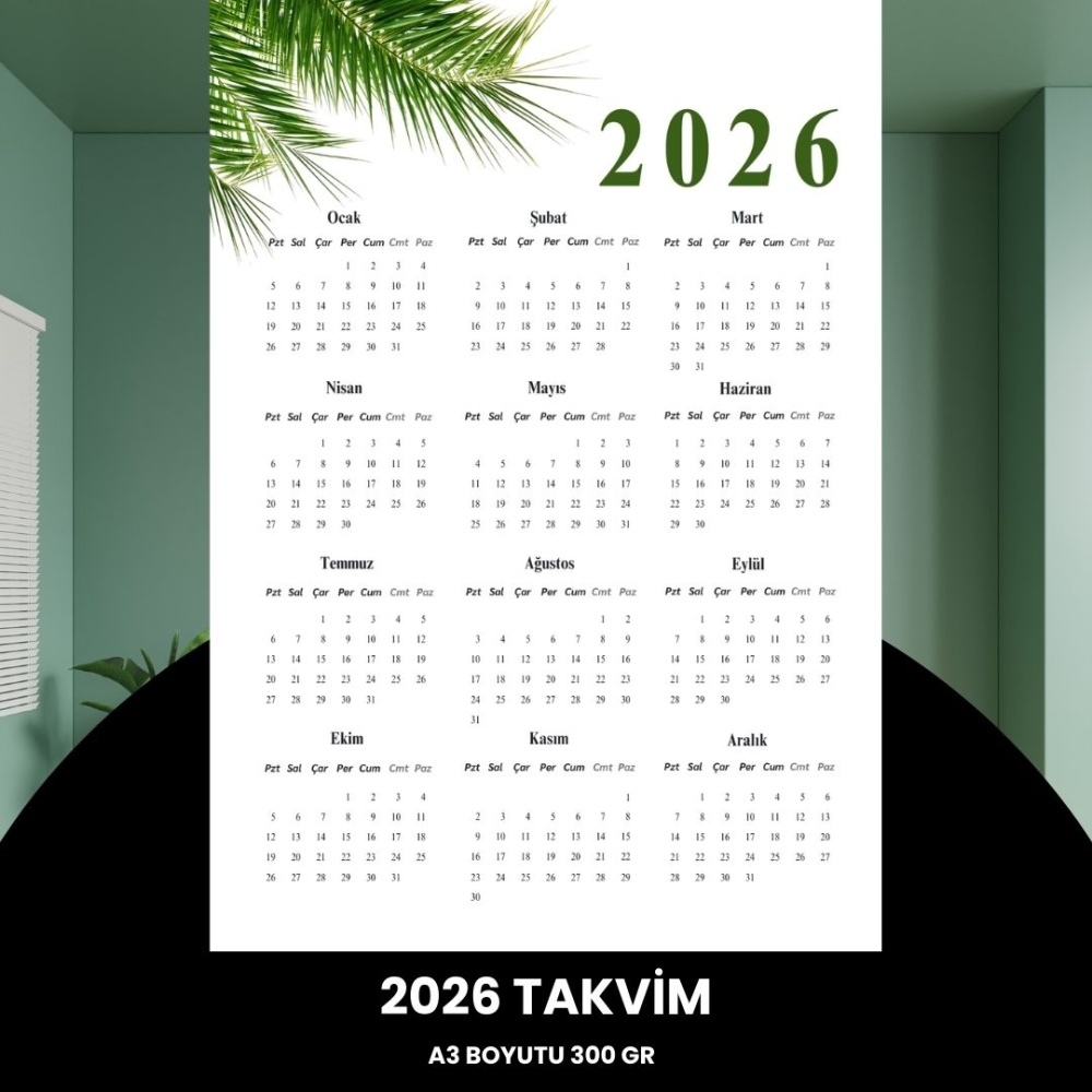 Takvim 2026 Premium A3 300 gr Dijital Baskı Yeşil Dal