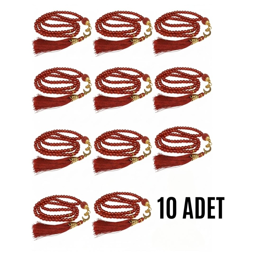 Namaz Tesbihi Vavlı 99lu Cam İncili Esmaul Hüsna Dua Kartı ile Bordo Renk Hediyelik 10 Adet