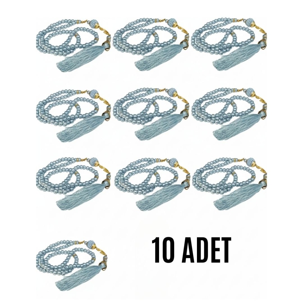 Namaz Tesbihi Vavlı 99lu Cam İncili Amenerrasulü Dua Kartı ile Mavi Renk Hediyelik 10 Adet