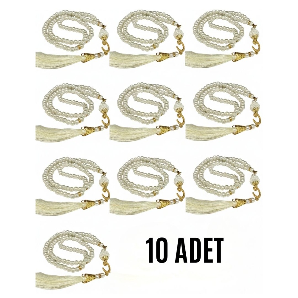 Namaz Tesbihi Vavlı 99lu Cam İncili Amenerrasulü Dua Kartı ile Krem Renk Hediyelik 10 Adet