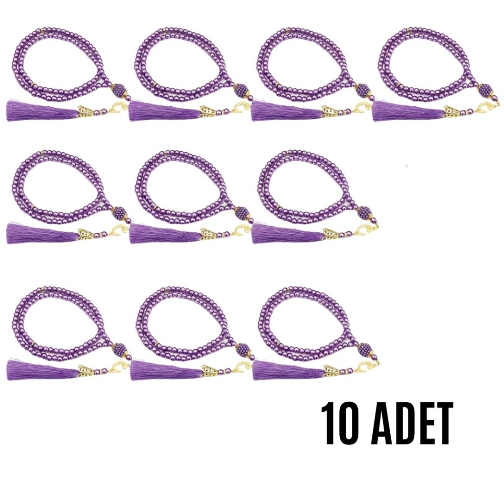 Namaz Tesbihi Vavlı 99lu Cam İncili 35 Besmele-i Şerif Dua Kartı ile Mor Renk Hediyelik 10 Adet