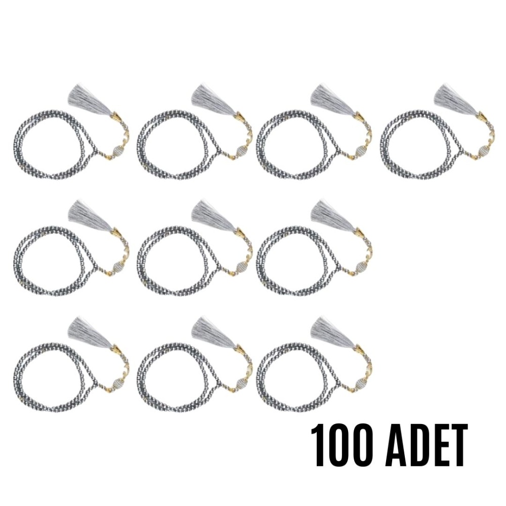 Namaz Tesbihi Vavlı 99lu Cam İncili İsmi Azam Dua Kartı ile Gri Renk Hediyelik 100 Adet