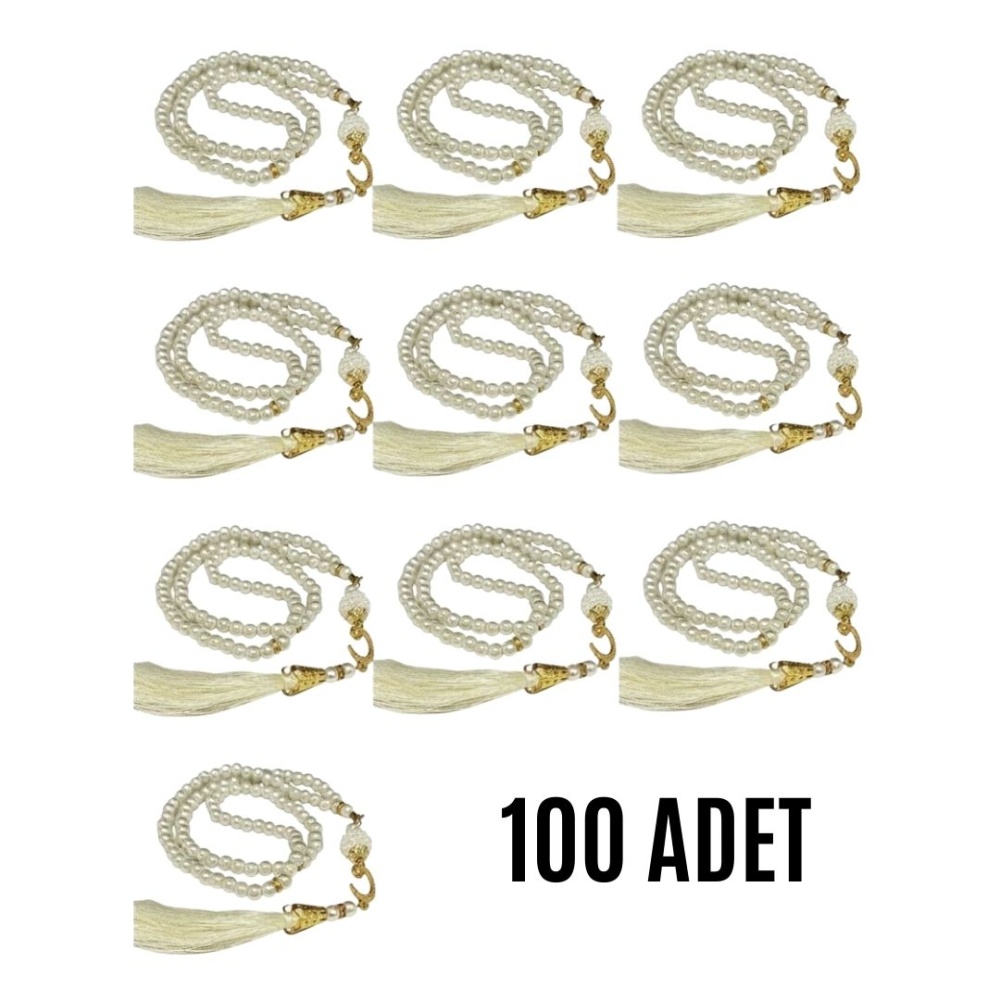 Namaz Tesbihi Vavlı 99lu Cam İncili Ayet-el Kürsi Dua Kartı ile Krem Renk Hediyelik 100 Adet