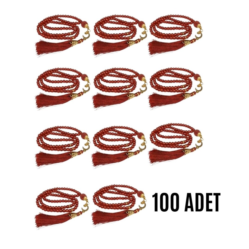 Namaz Tesbihi Vavlı 99lu Cam İncili Ayet-el Kürsi Dua Kartı ile Bordo Renk Hediyelik 100 Adet