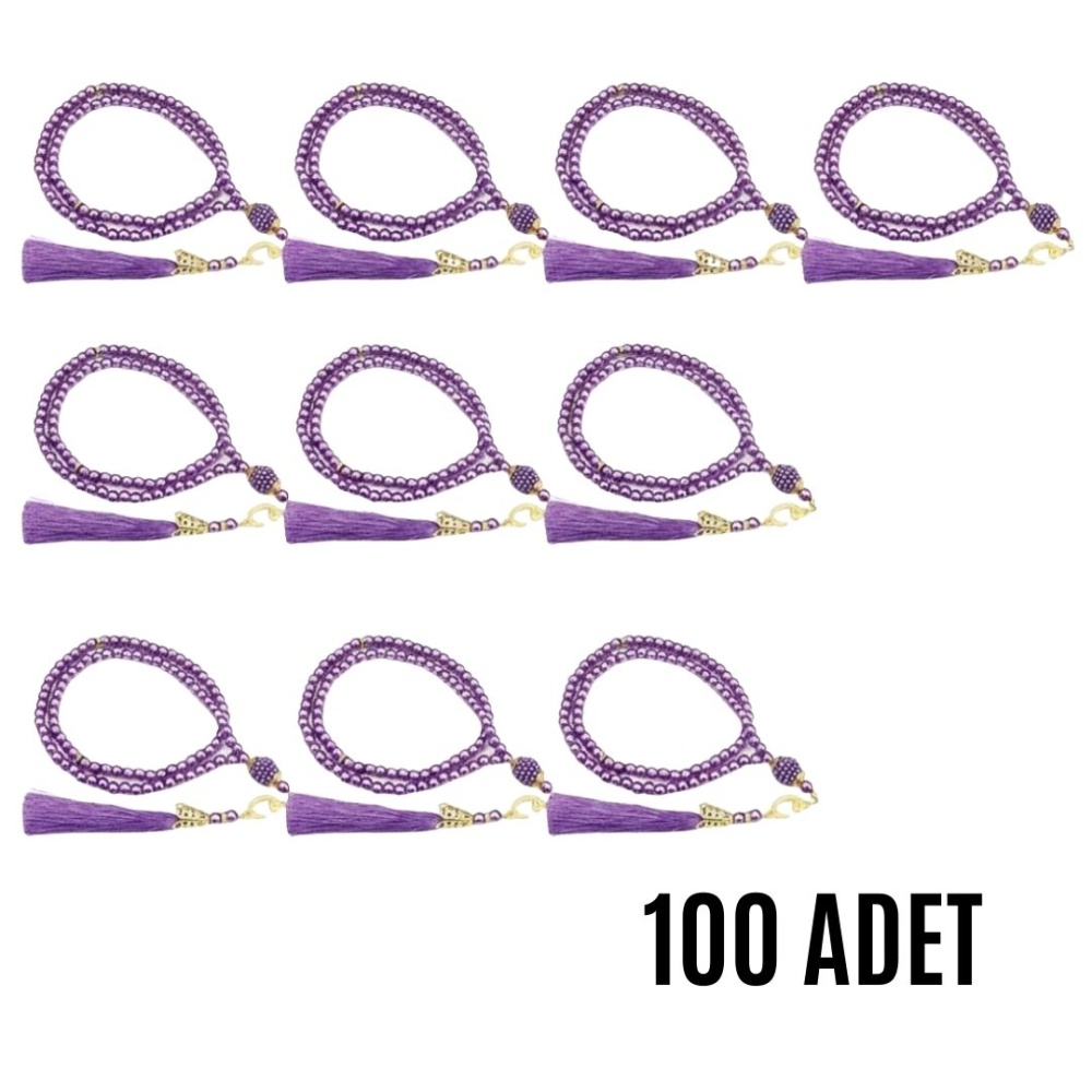 Namaz Tesbihi Vavlı 99lu Cam İncili Ayet-el Kürsi Dua Kartı ile Mor Renk Hediyelik 100 Adet