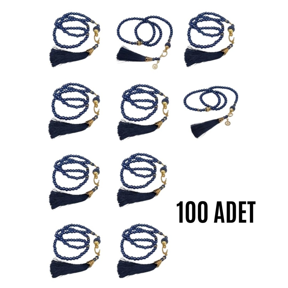 Namaz Tesbihi Vavlı 99lu Cam İncili Amenerrasulü Dua Kartı ile Lacivert Renk Hediyelik 100 Adet