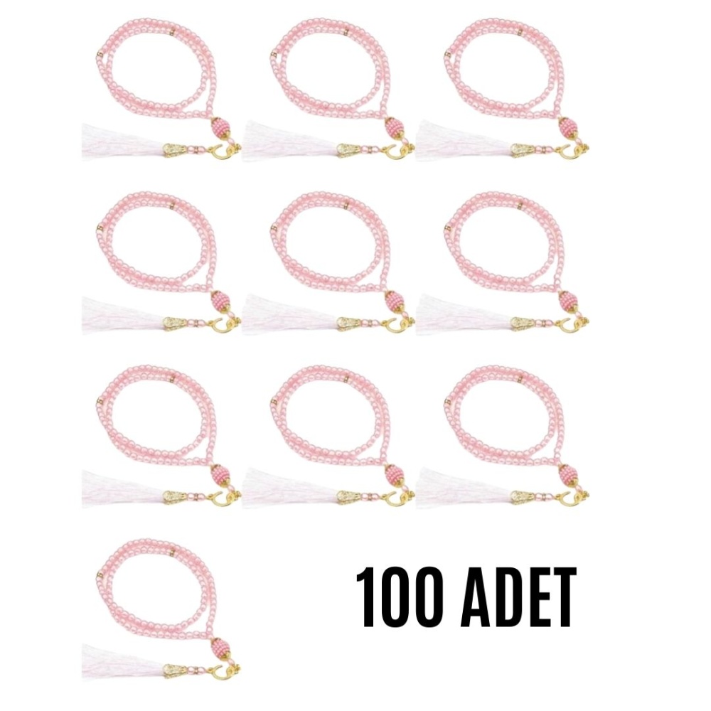 Namaz Tesbihi Vavlı 99lu Cam İncili 35 Besmele-i Şerif Dua Kartı ile Pembe Renk Hediyelik 100 Adet