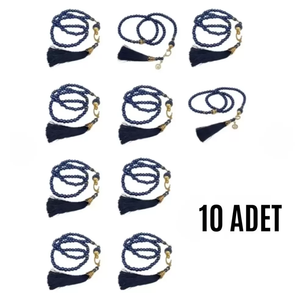 Namaz Tesbihi Vavlı 99lu Cam İncili 35 Besmele-i Şerif Dua Kartı ile Lacivert Renk Hediyelik 10 Adet