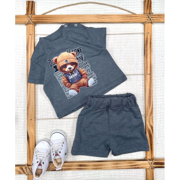 9-12-18-24 Ay Dansçı Ayıcık Baskılı Şortlu Kısa Kollu Tişört 2li Erkek Bebek Takımı