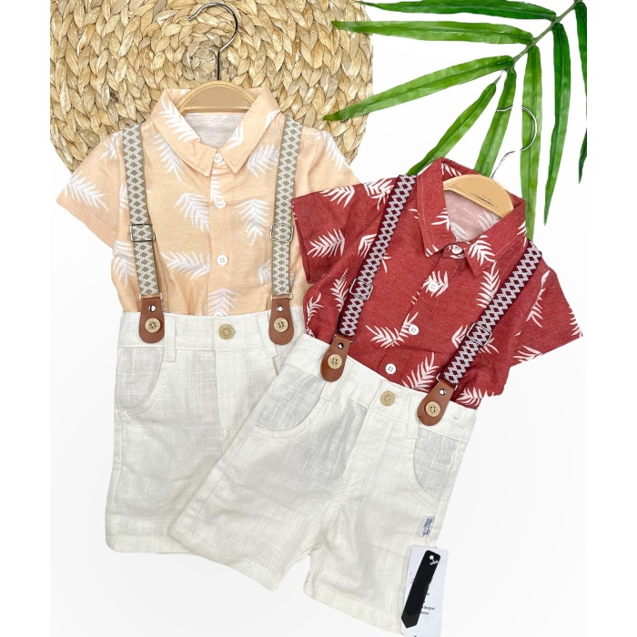 9-12-18-24 Ay Pamuk Keten Kumaş Hawai Gömlek Lastik Askılı 2li Erkek Bebek Takımı