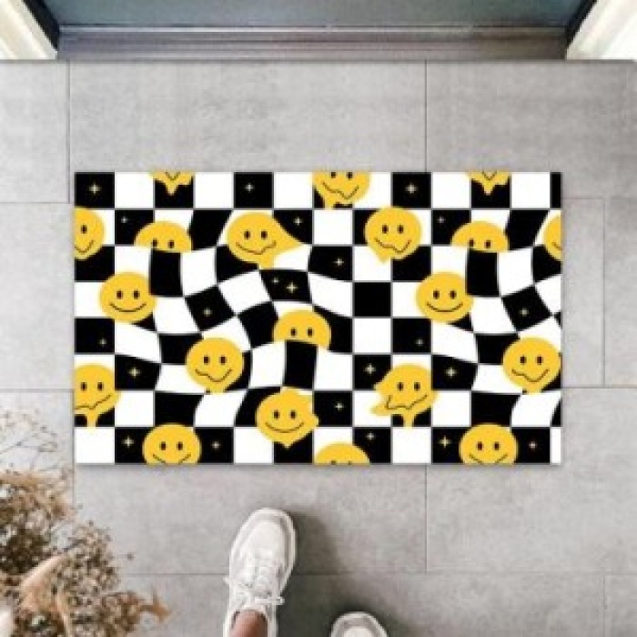 Dekoratif Dijital Gülen Emojiler Sarı-Siyah Kapı Paspası Dış Mekan Paspas K-3128