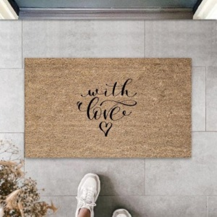 Bej Kapı Önü Paspası With Love Desen  K-3295