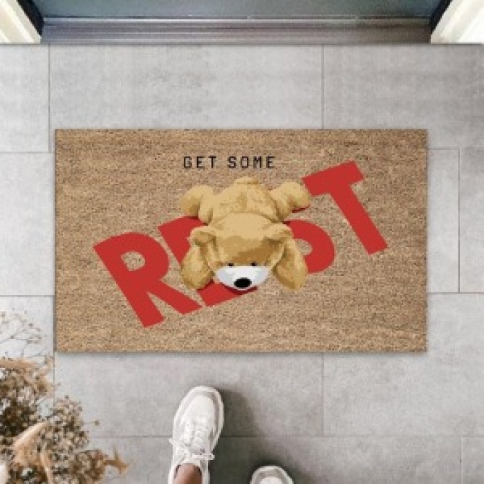 Bej Kapı Önü Paspası Get Some Rest Ayıcık Desen  K-3326