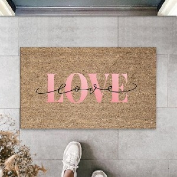 Bej Kapı Önü Paspası Love Desen  K-3300