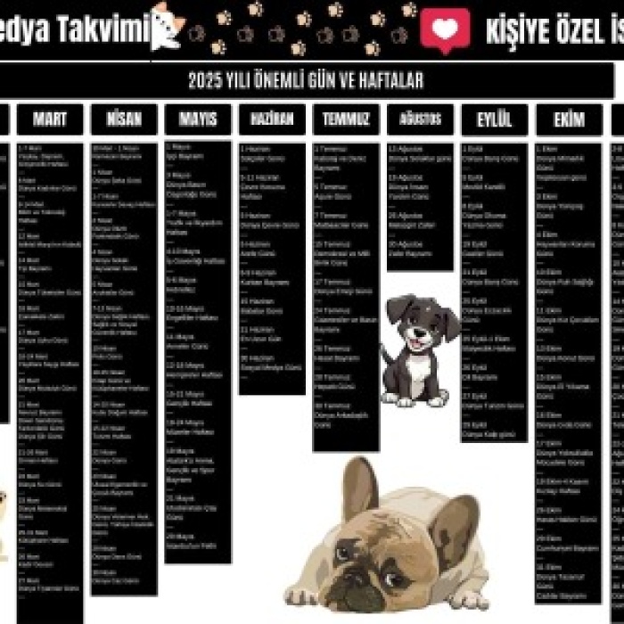 2025 Kişiye Özel Sosyal Medya Takvimi - Özel Günlerle Dolu Eğlenceli Duvar Afişi Köpekli